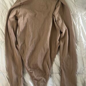 Fashion Nova Ribbed Long Sleeve Bodysuit in Taupe